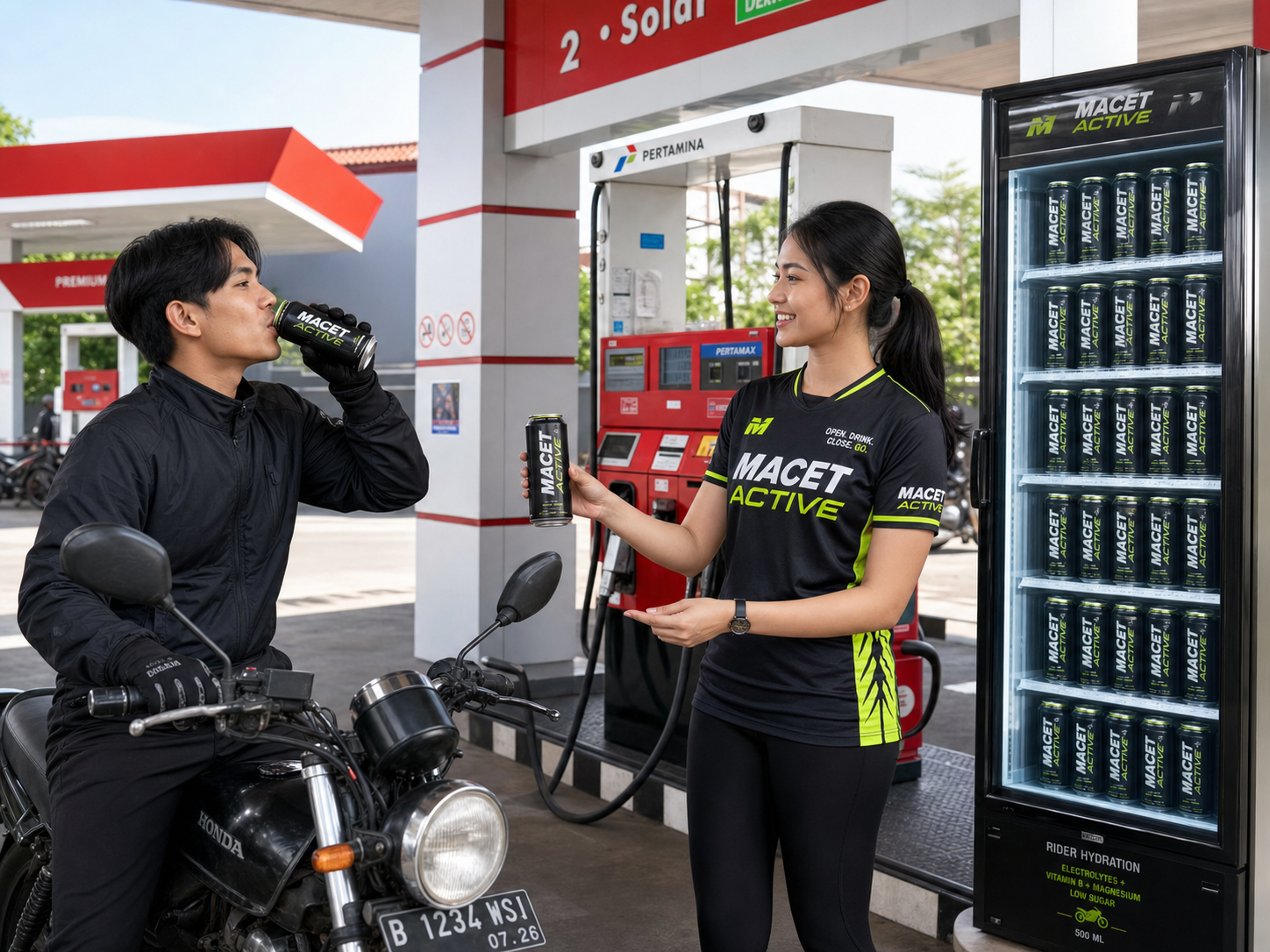 MACET ACTIVE rider hydration service at a Pertamina station