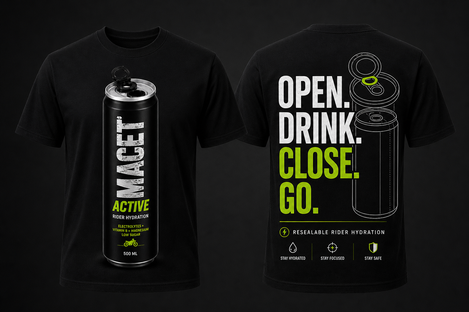 MACET ACTIVE t-shirt front and back merch design
